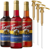 Torani strawberry syrup bottle with pump for refreshing drinks
