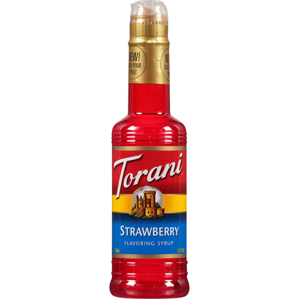 Torani Strawberry Syrup bottle shows vibrant berry flavor for drinks.