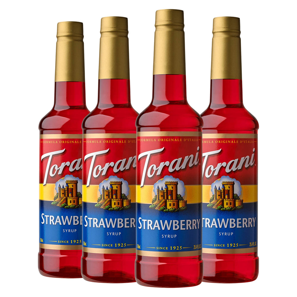 Torani Strawberry Syrup bottle with vibrant color for flavorful beverages.