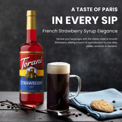 Torani Strawberry Syrup bottle for refreshing beverages.