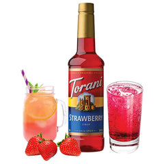 Torani Strawberry Syrup pour over glass for easy home mixology.
