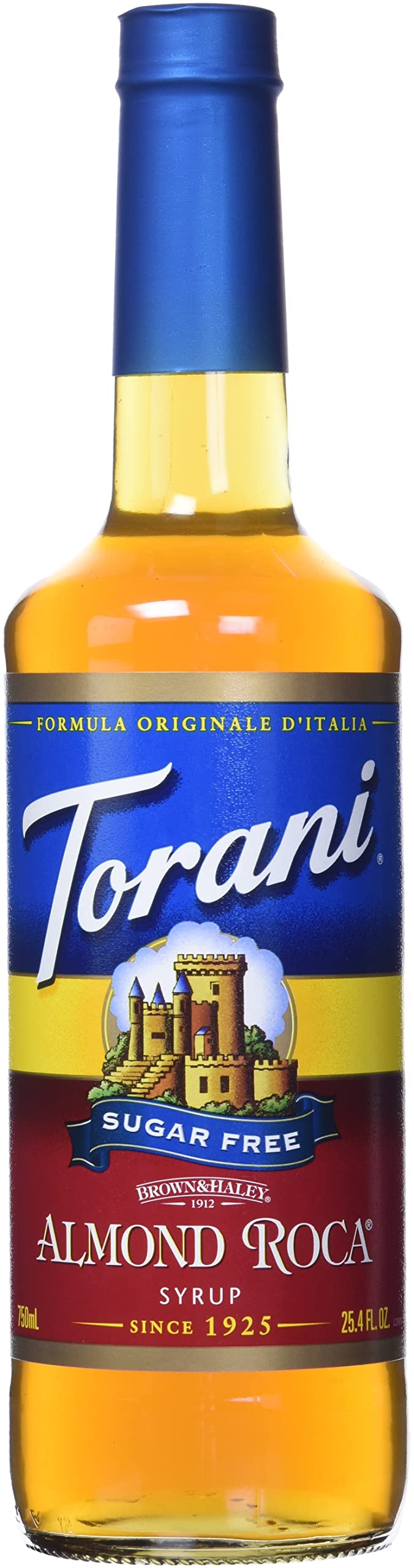 Torani Sugar Free Almond Roca bottle front highlighting rich nutty buttercrunch flavor for coffee