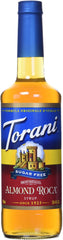 Torani Sugar Free Almond Roca bottle front highlighting rich nutty buttercrunch flavor for coffee