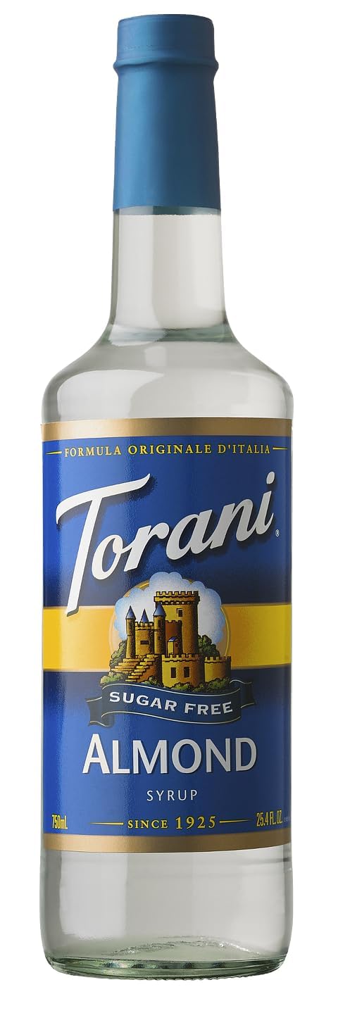 Torani Sugar Free Almond Syrup bottle adds calorie-free almond flavor to coffee