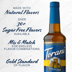 Torani Sugar Free Caramel bottle pour over coffee for rich flavor