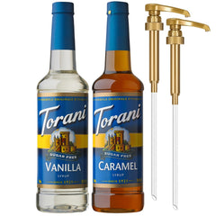 Torani sugar-free caramel syrup bottle for rich coffee flavor.