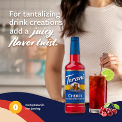 Torani Sugar Free Cherry Syrup bottle on kitchen counter for home use