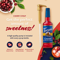 Close-up of Torani Cherry Syrup label highlighting zero calories for drinks