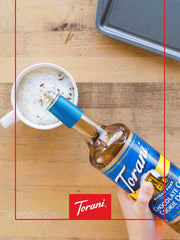 Premium Torani bottle label close-up highlighting sugar-free promise.