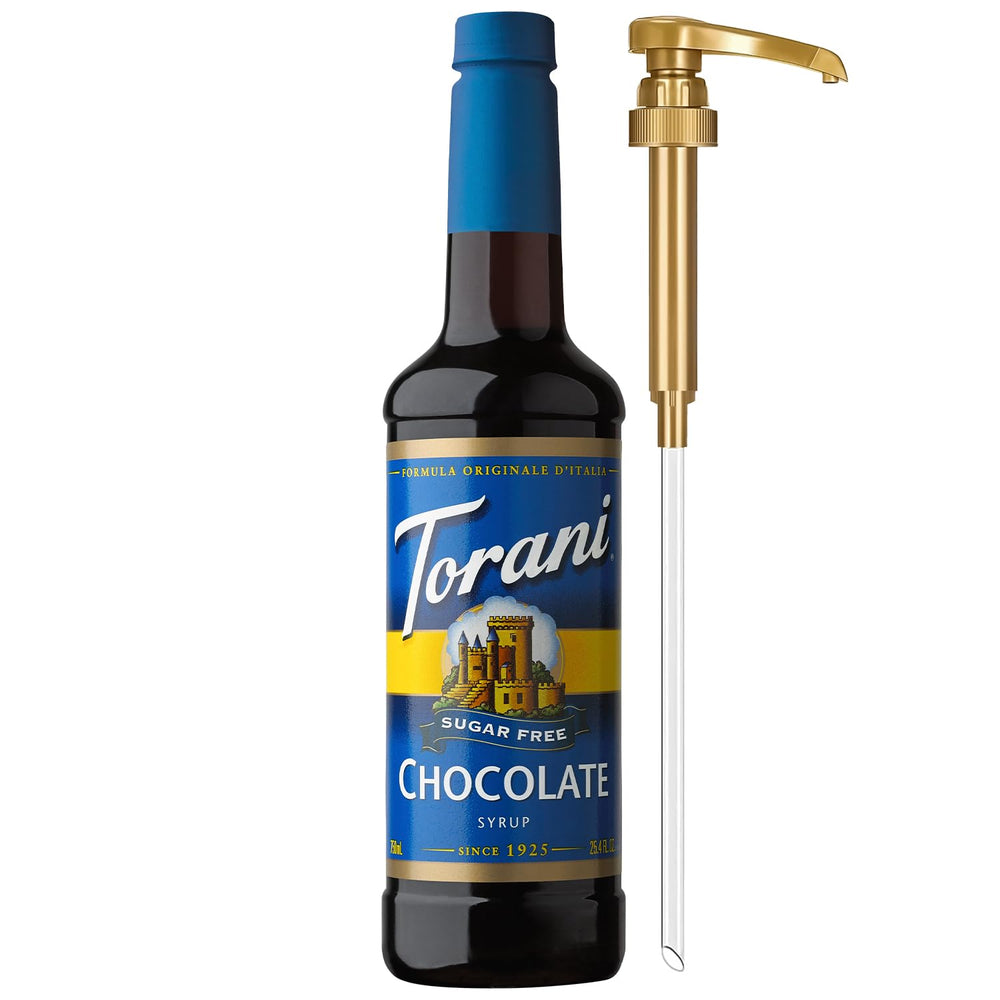 Torani Sugar Free Chocolate Syrup bottle offers rich chocolate flavor with zero calories for coffee.