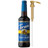 Torani Sugar Free Chocolate Syrup bottle offers rich chocolate flavor with zero calories for coffee.