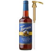 Torani Sugar Free Cinnamon Vanilla Syrup bottle with pump for zero calorie flavoring.