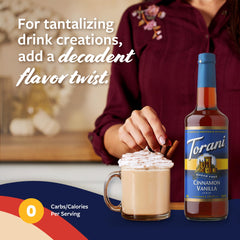 Close-up of Torani Sugar Free Cinnamon Vanilla Syrup glass bottle.