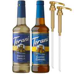 Torani Sugar-Free Classic Caramel syrup bottle pour enhances coffee sweetness.