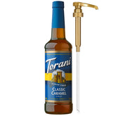 Torani Sugar Free Classic Caramel Syrup pump in action for mess-free sweetening.