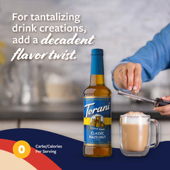 Torani sugar-free hazelnut syrup bottle close-up showing label and packaging.