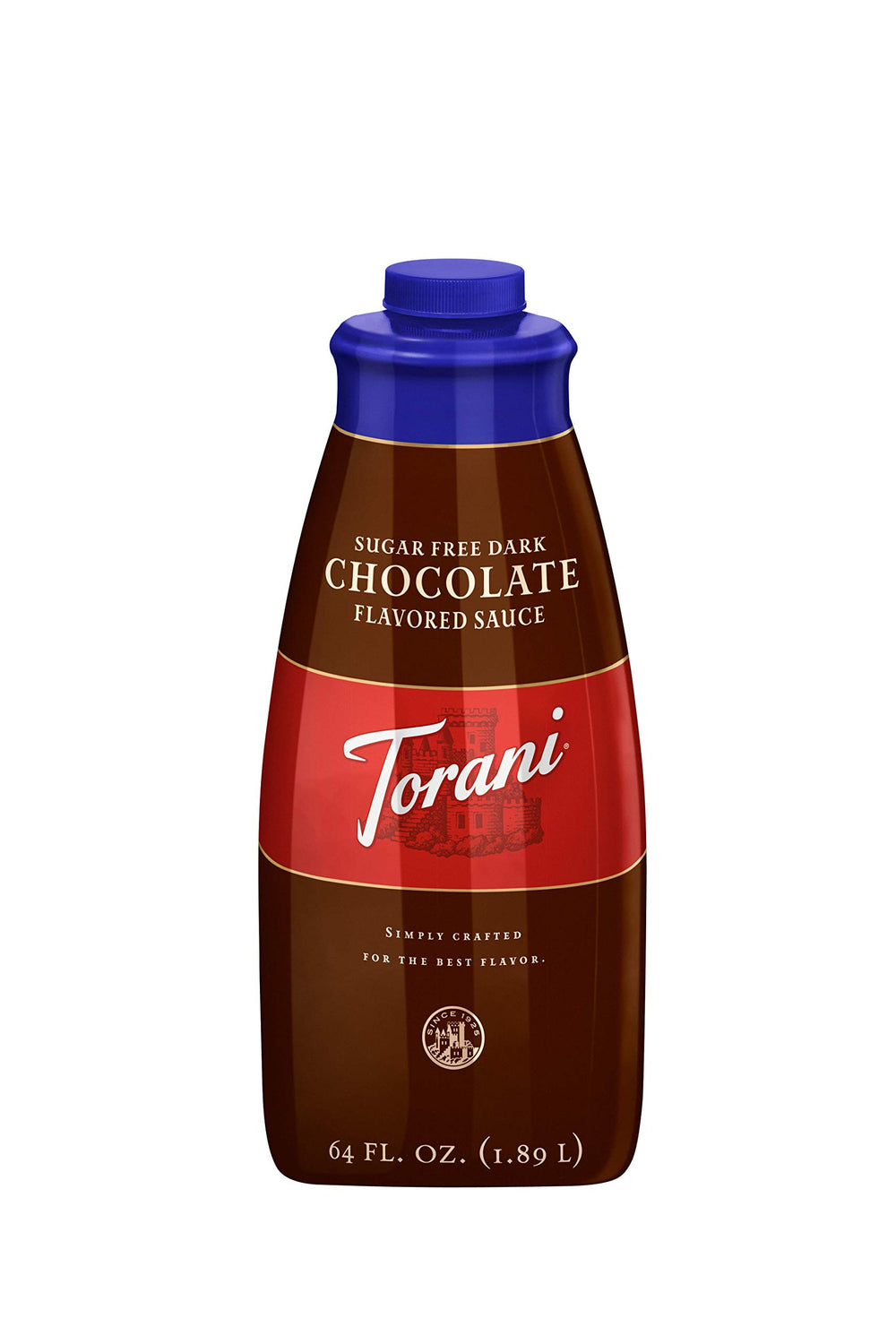 Torani Sugar Free Dark Chocolate Sauce 64oz bottle on a kitchen shelf