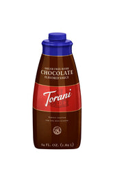 Torani Sugar Free Dark Chocolate Sauce 64oz bottle on a kitchen shelf