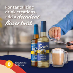 Torani Sugar-Free French Vanilla being added to latte with silky foam.