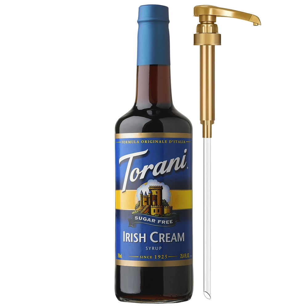 Torani Sugar Free Irish Cream Syrup bottle close-up for zero-calorie flavoring.