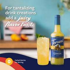 Torani Sugar Free Lemon Syrup on a soda or tea setup for quick flavoring.