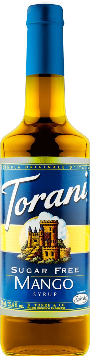 Torani Sugar Free Mango Syrup bottle shows a tropical mango flavor ideal for coffee, tea, and sodas.