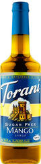 Torani Sugar Free Mango Syrup bottle shows a tropical mango flavor ideal for coffee, tea, and sodas.