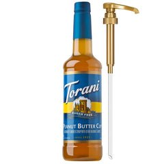 Torani sugar-free peanut butter cup syrup bottle pour enhances flavor without calories