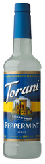 Torani Sugar Free Peppermint Syrup bottle adds zero-calorie peppermint flavor to coffee.