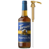 Torani Sugar Free Pumpkin Pie Syrup bottle with pump for quick, zero-calorie flavoring.