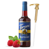 Torani Sugar-Free Raspberry Syrup bottle with pump for easy coffee flavoring.