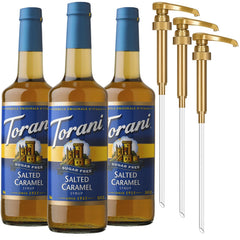 Torani Sugar Free Salted Caramel bottle with pump for mess-free flavoring