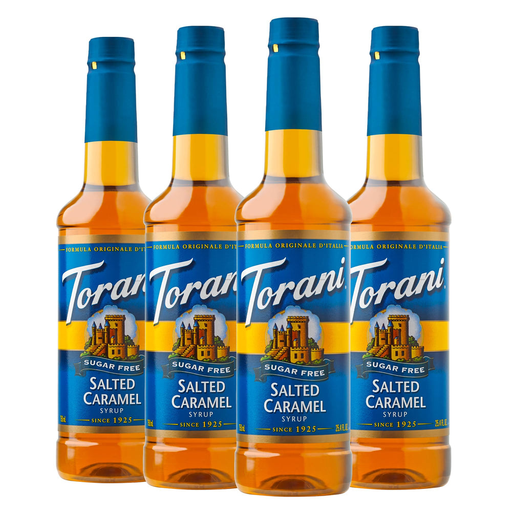 Torani Sugar-Free Salted Caramel bottle front label for zero-calorie flavoring in coffee and beverages.