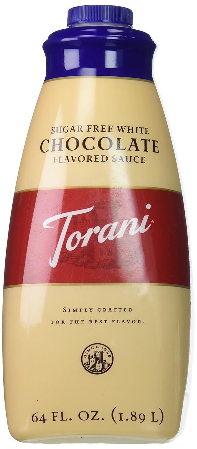 Torani Sugar Free White Chocolate sauce bottle for keto-friendly sweetness.