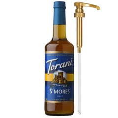 Torani Sugar-Free Smores syrup bottle with pump for sugar-free coffee flavoring.