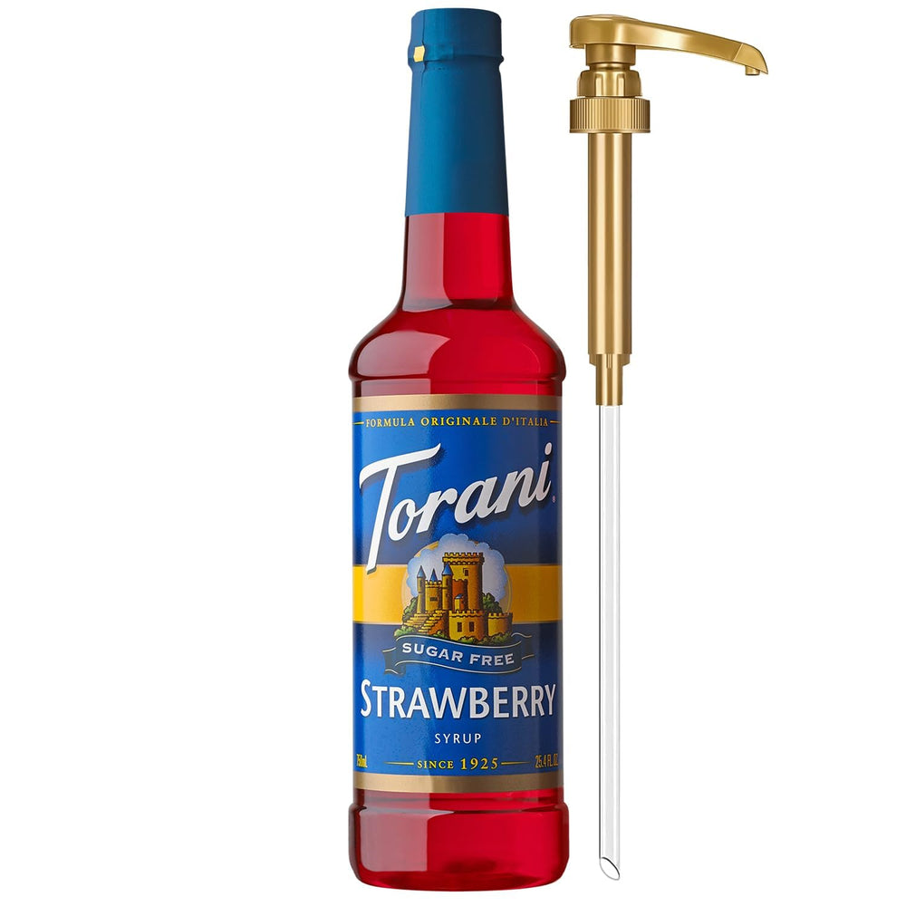 Torani Sugar Free Strawberry Syrup pump for zero-calorie flavoring in beverages