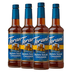 Torani Sugar-Free Syrup Brown Sugar Cinnamon bottle pour for rich, sugar-free flavor in coffee