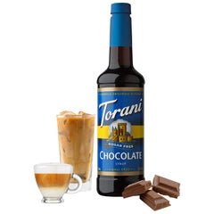 Torani Sugar Free Chocolate syrup drizzle on iced coffee adds chocolate aroma without sugar.