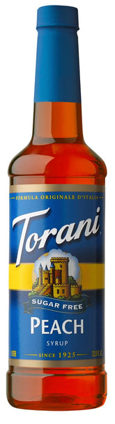 Torani Sugar Free Peach Syrup bottle on countertop for peach iced tea.