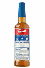 Close-up of Torani Sugar-Free Peanut Butter Cup label highlighting the sugar-free option.