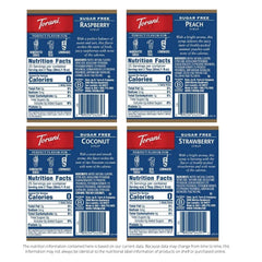 Torani strawberry sugar-free syrup bottle front for flavorful Italian sodas.