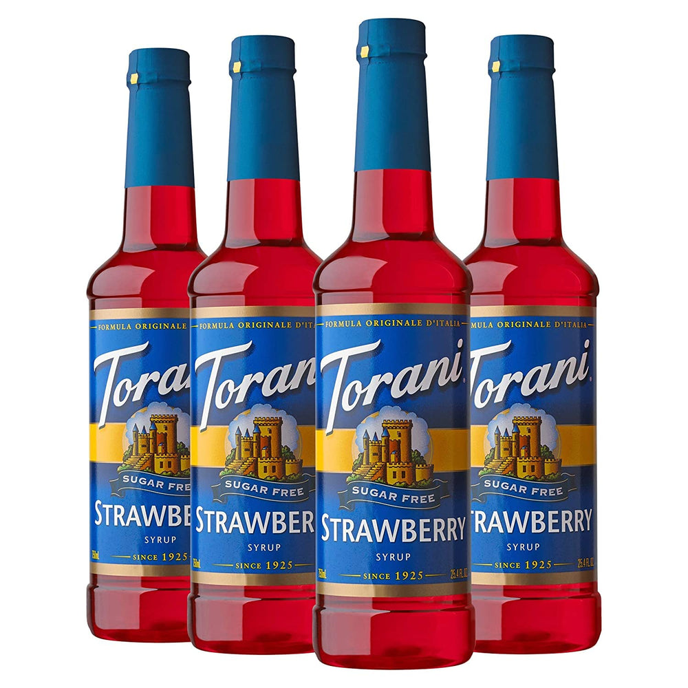 Torani Sugar Free Strawberry syrup bottle pour for sugar-free beverages and flavor enhancement.