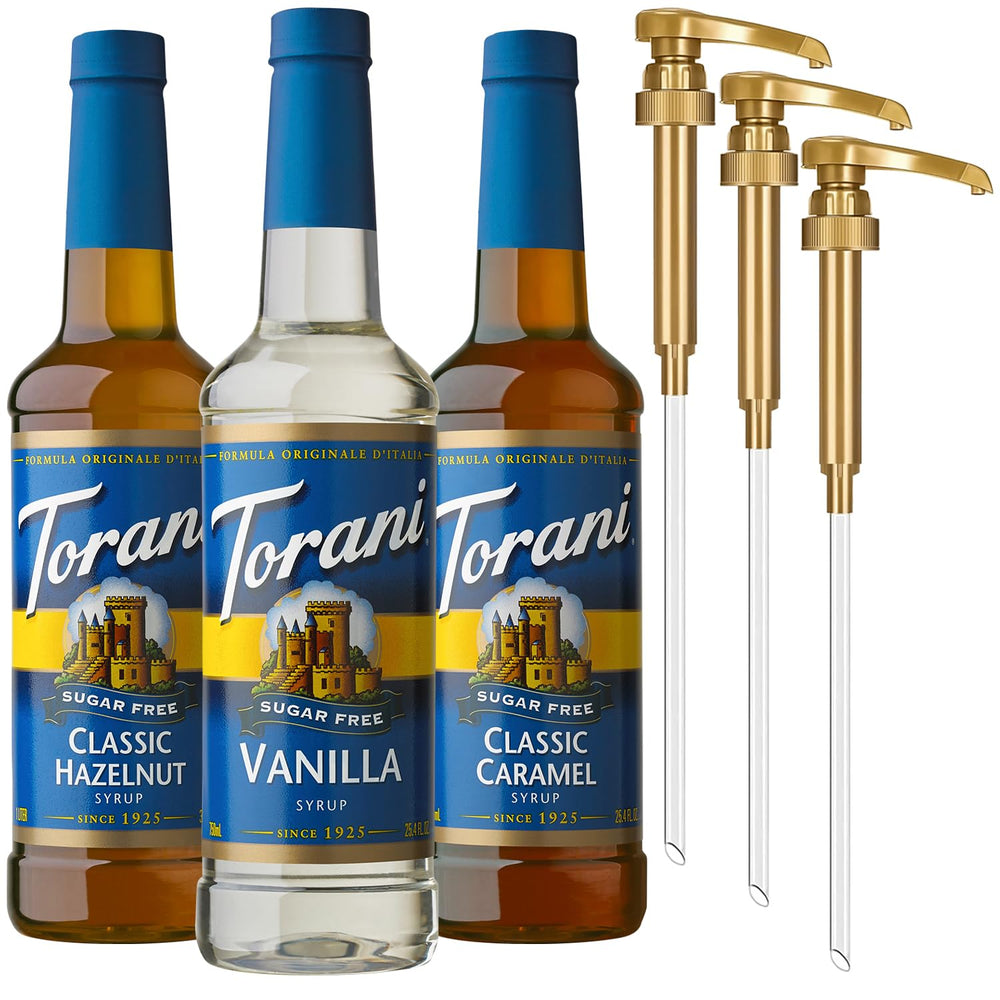 Torani Vanilla Sugar-Free Syrup bottle with pump for calorie-free flavoring in coffee