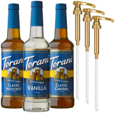 Torani Vanilla Sugar-Free Syrup bottle with pump for calorie-free flavoring in coffee