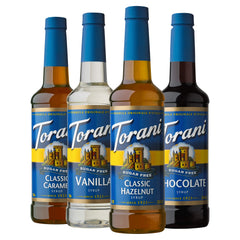 Torani Sugar Free Vanilla syrup bottle for creamy, zero-calorie coffee drinks.