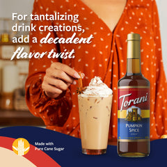 Torani syrup 750ml bottle highlights generous size for daily use.