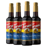 Torani Chai Tea Spice syrup bottle on shelf for rich chai lattes at home.