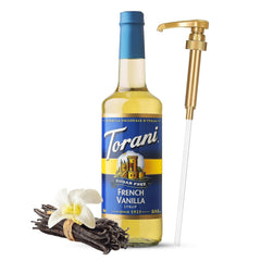 Torani syrup pump dispenser assembly enables easy, drip-free pouring for beverages