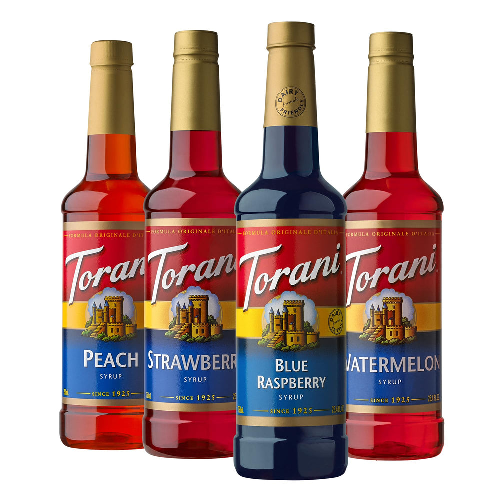 Torani syrup variety pack blue raspberry bottle pour for refreshing Italian sodas