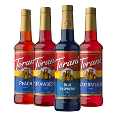 Torani syrup variety pack blue raspberry bottle pour for refreshing Italian sodas